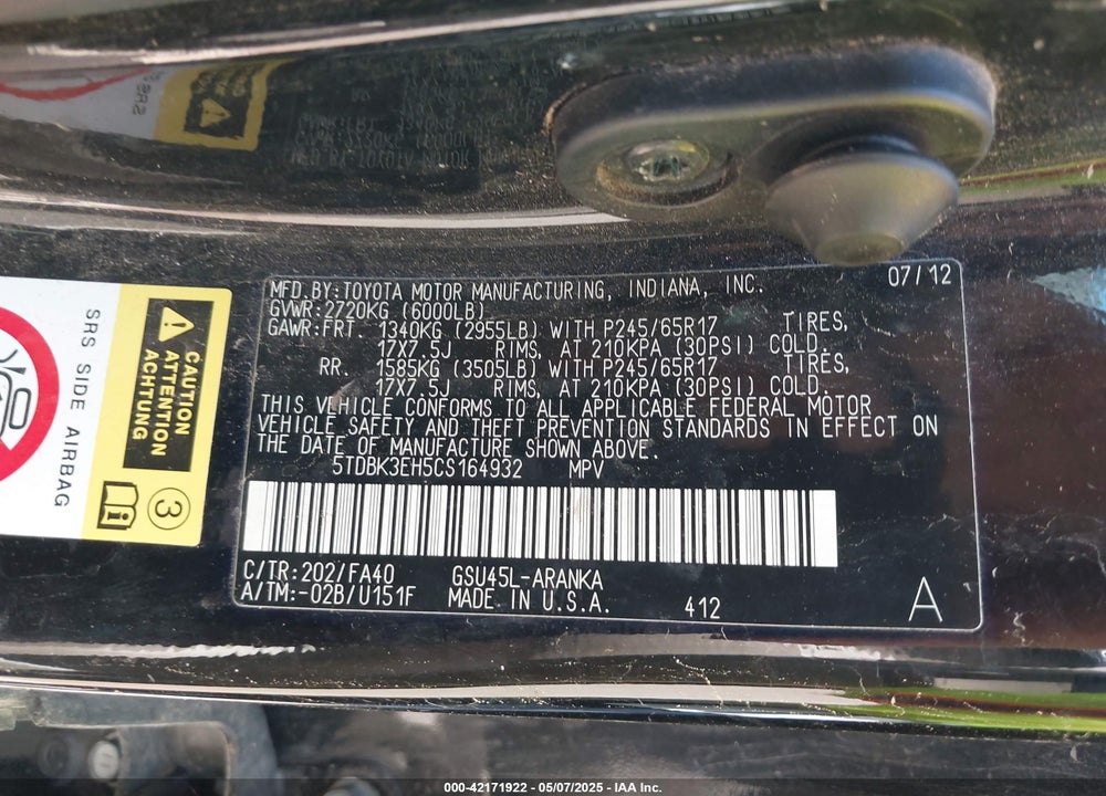 2012 TOYOTA HIGHLANDER SE VIN: 5TDBK3EH5CS164932