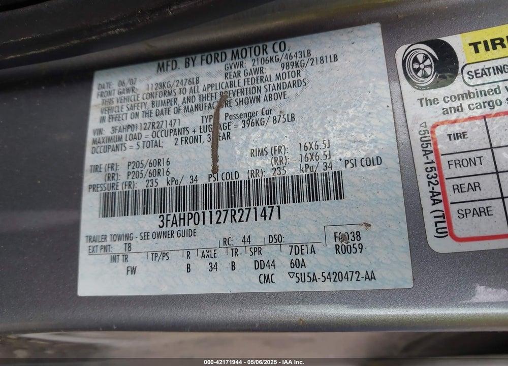 2007 FORD FUSION SE VIN: 3FAHP01127R271471