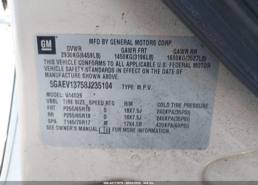 2008 BUICK ENCLAVE CX VIN: 5GAEV13758J235104
