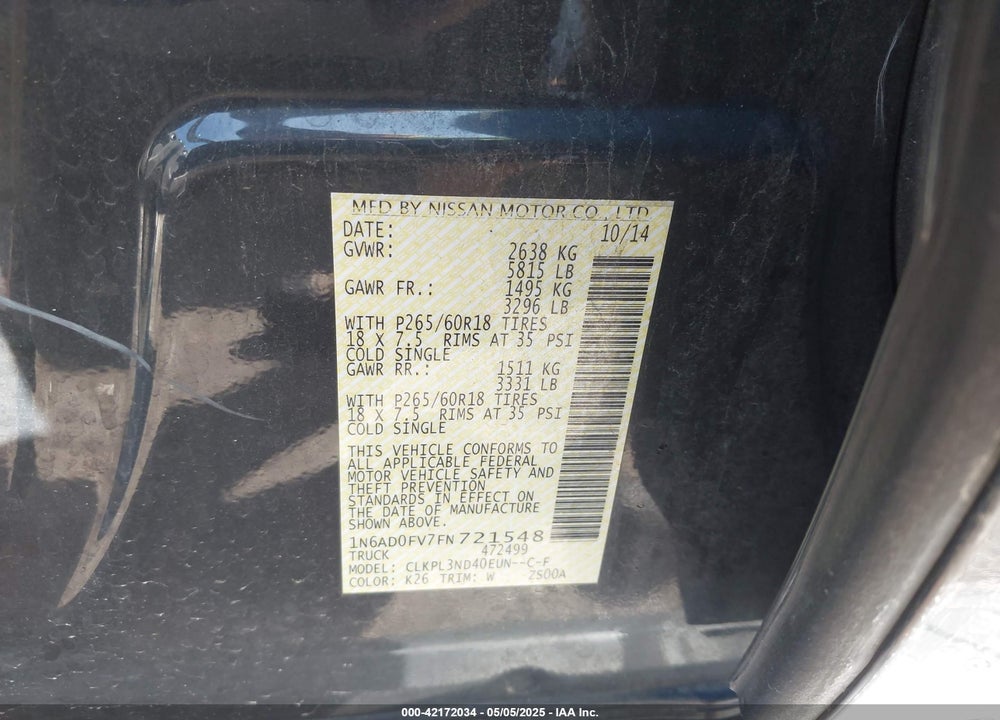 2015 NISSAN FRONTIER VIN: 1N6AD0FV7FN721548