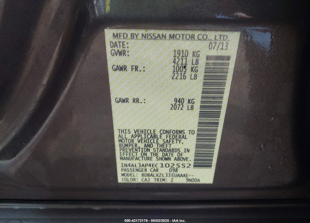 2014 NISSAN ALTIMA VIN: 1N4AL3AP4EC102552