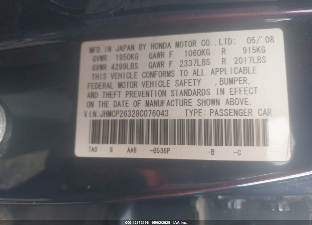 2008 HONDA ACCORD VIN: JHMCP26328C076043