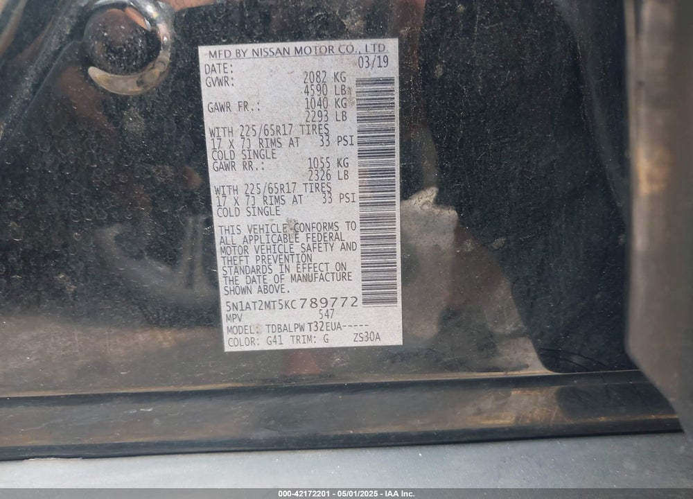 2019 NISSAN ROGUE VIN: 5N1AT2MT5KC789772