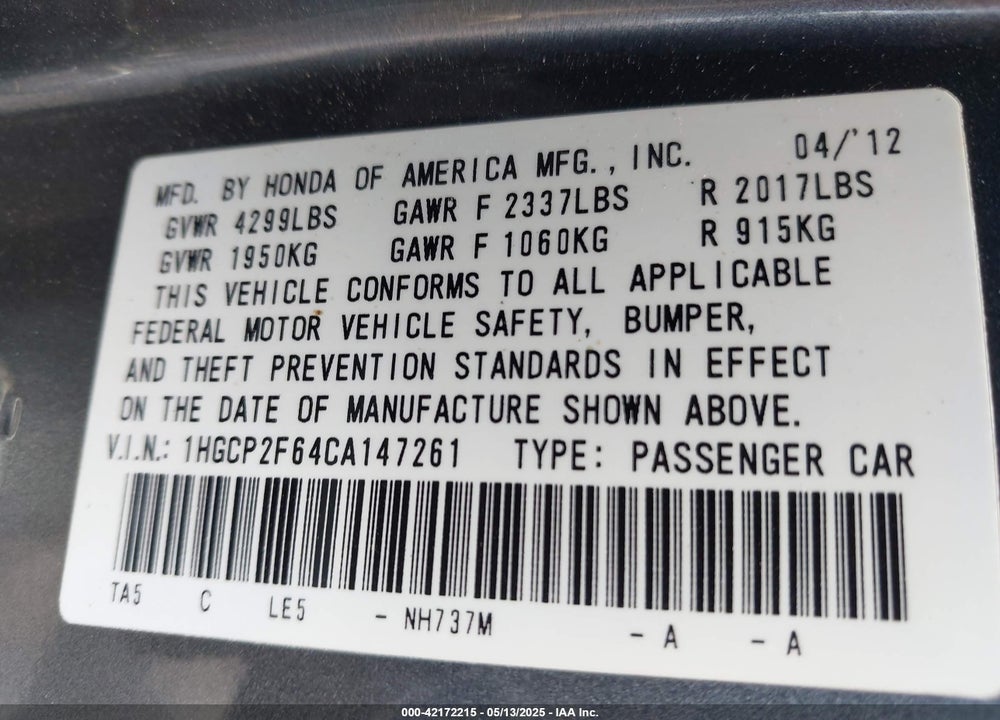 2012 HONDA ACCORD VIN: 1HGCP2F64CA147261