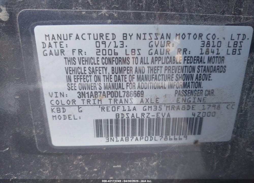 2013 NISSAN SENTRA VIN: 3N1AB7AP0DL786669