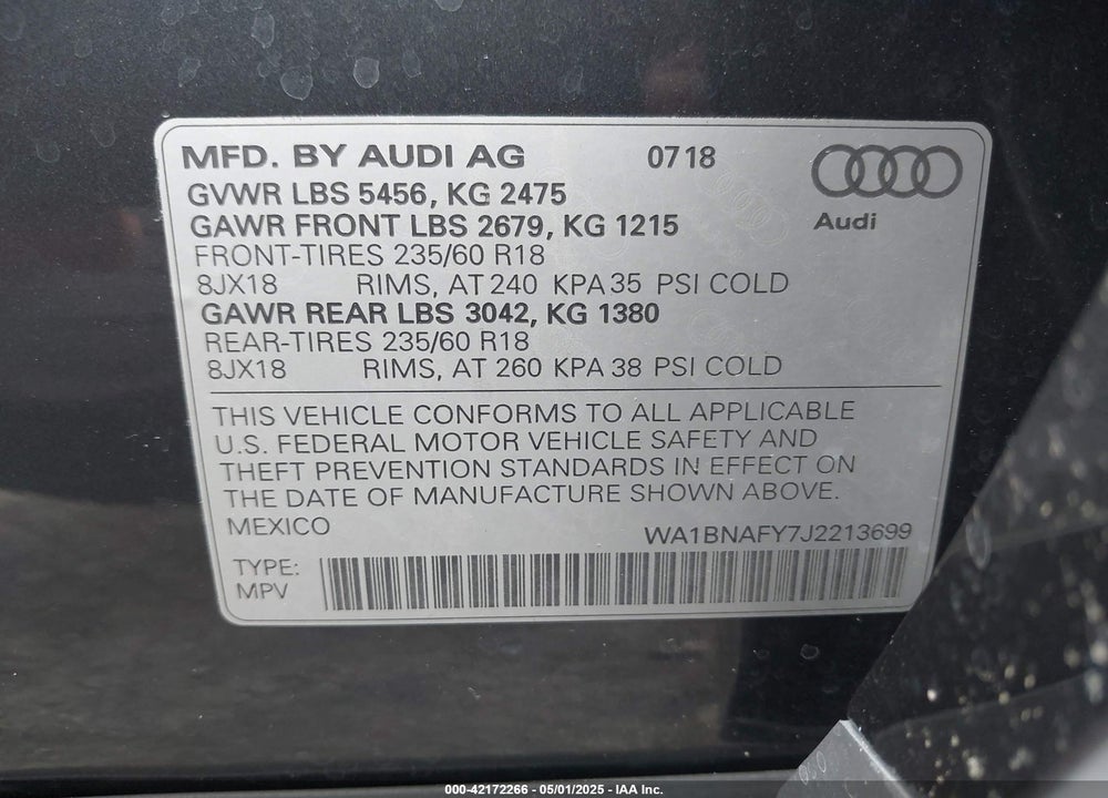 2018 AUDI Q5 VIN: WA1BNAFY7J2213699