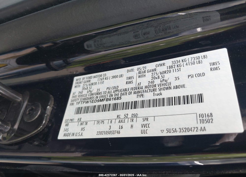 2021 FORD F150 VIN: 1FTFW1ED9MFB61685