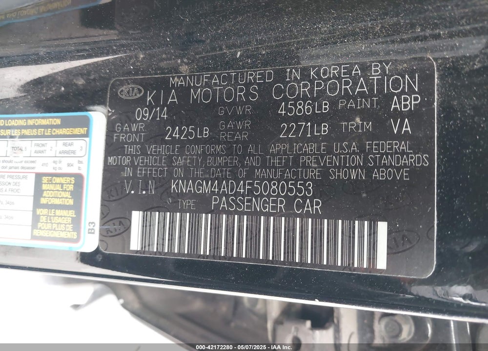 2015 KIA OPTIMA HYBRID VIN: KNAGM4AD4F5080553