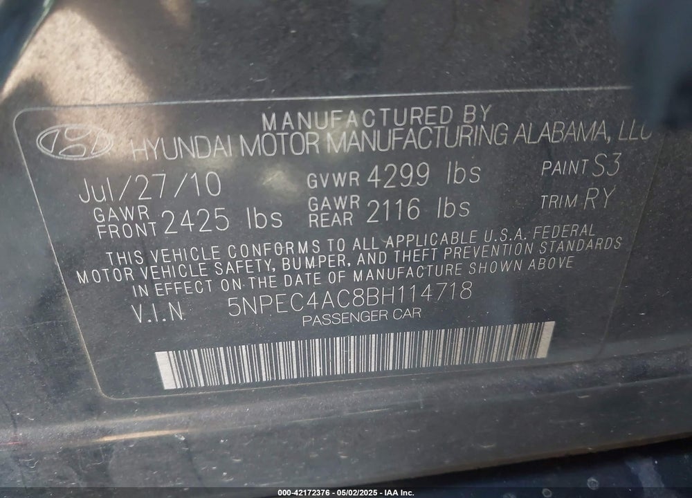 2011 HYUNDAI SONATA VIN: 5NPEC4AC8BH114718