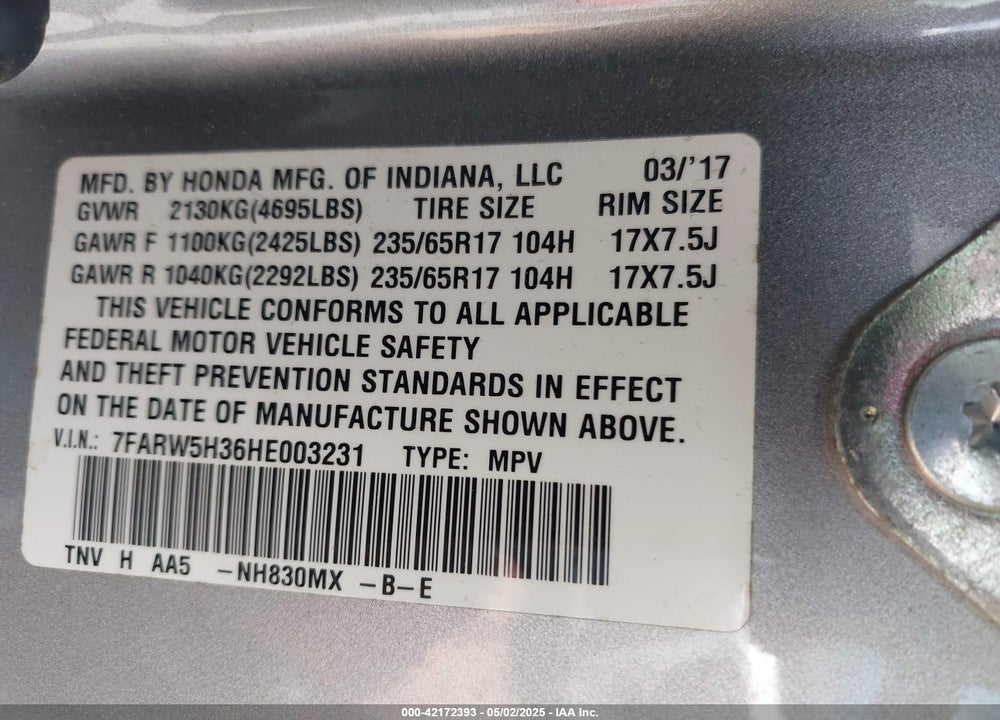 2017 HONDA CR-V LX VIN: 7FARW5H36HE003231