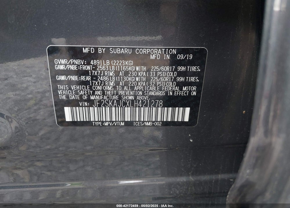 2020 SUBARU FORESTER PREMIUM VIN: JF2SKAJCXLH421278