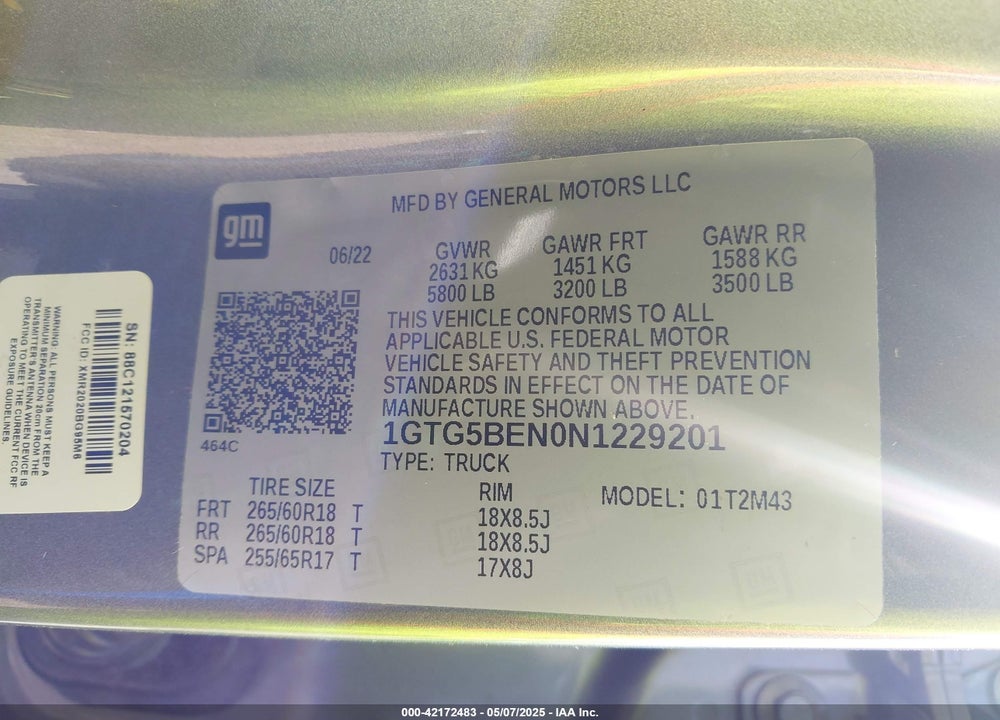 2022 GMC CANYON 2WD SHORT BOX ELEVATION STANDARD VIN: 1GTG5BEN0N1229201
