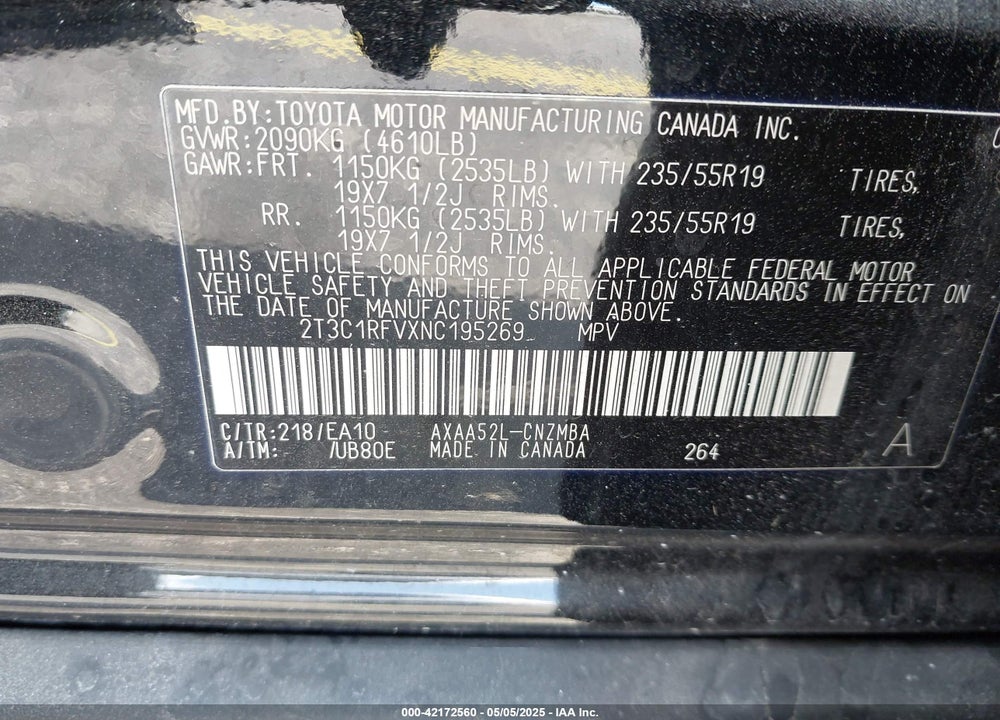 2022 TOYOTA RAV4 VIN: 2T3C1RFVXNC195269