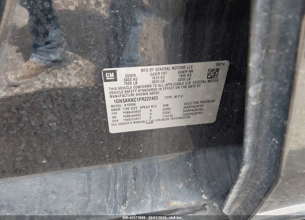2015 CHEVROLET SUBURBAN 1500 VIN: 1GNSKKKC1FR222483