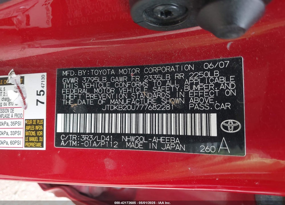 2007 TOYOTA PRIUS VIN: JTDKB20U777682281