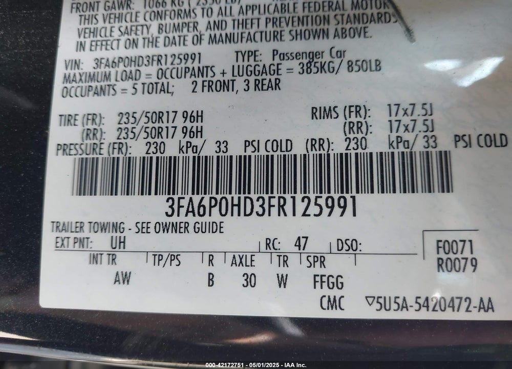 2015 FORD FUSION SE VIN: 3FA6P0HD3FR125991