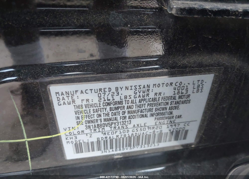 2023 NISSAN SENTRA VIN: 3N1AB8DV5PY313213