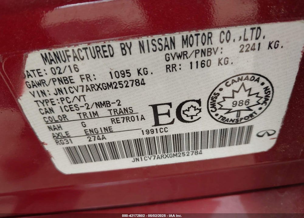 2016 INFINITI Q50 VIN: JN1CV7ARXGM252784