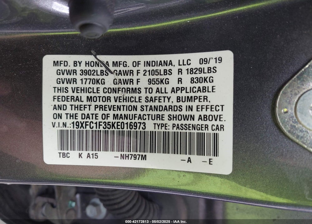 2019 HONDA CIVIC VIN: 19XFC1F35KE016973