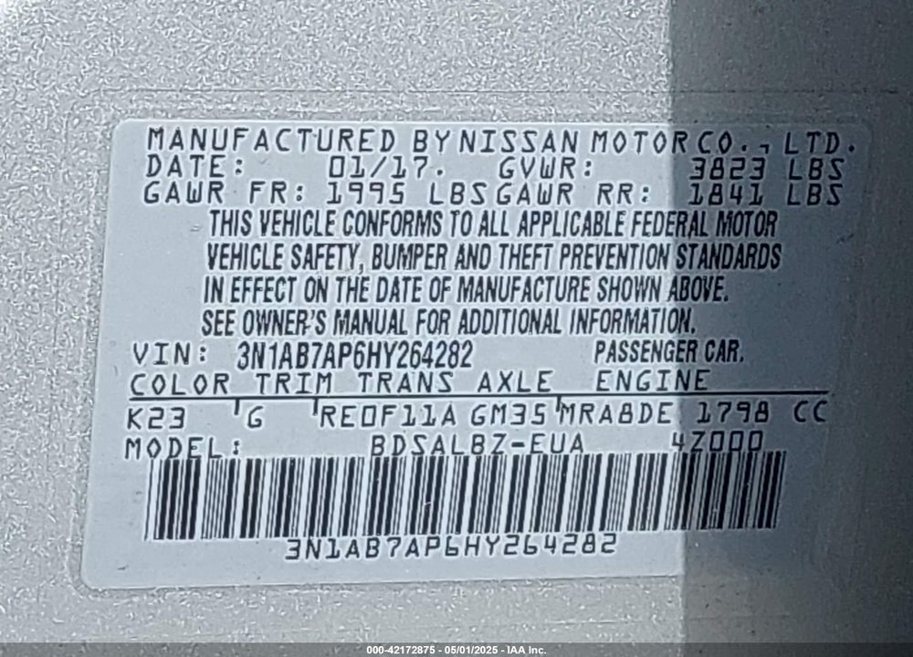 2017 NISSAN SENTRA VIN: 3N1AB7AP6HY264282