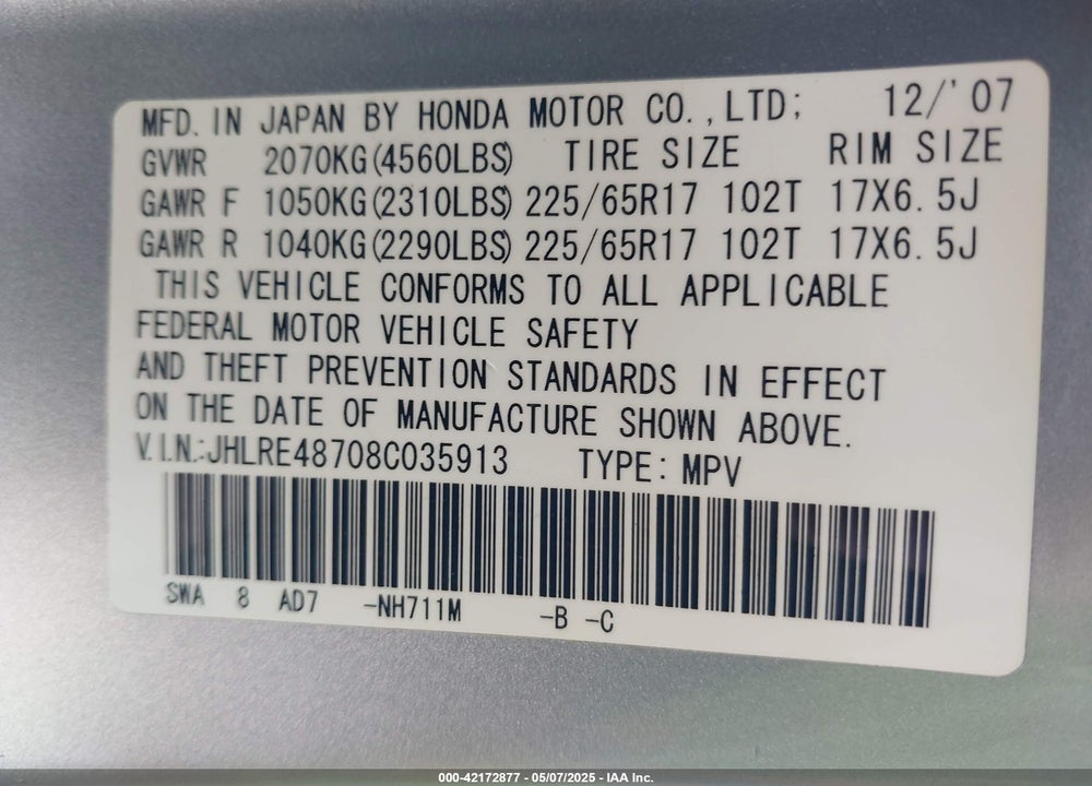 2008 HONDA CR-V VIN: JHLRE48708C035913