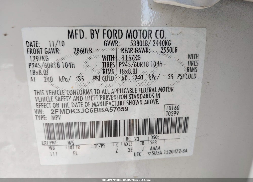 2011 FORD EDGE VIN: 2FMDK3JC6BBA57659