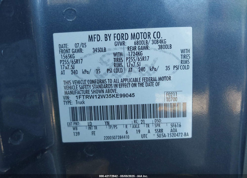 2005 FORD F-150 XLT VIN: 1FTRW12W35KE99045