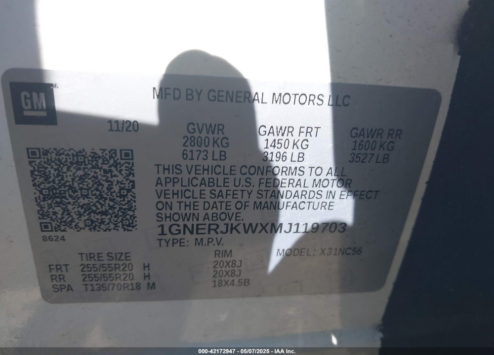 2021 CHEVROLET TRAVERSE FWD RS VIN: 1GNERJKWXMJ119703