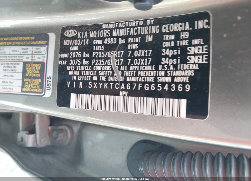 2015 KIA SORENTO VIN: 5XYKTCA67FG654369