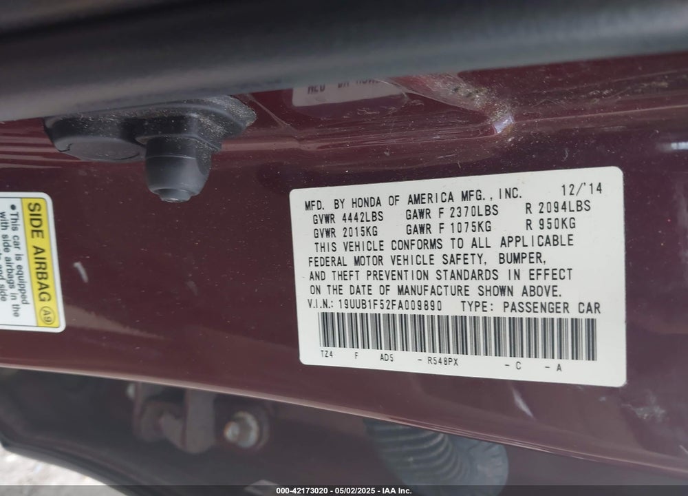 2015 ACURA TLX VIN: 19UUB1F52FA009890