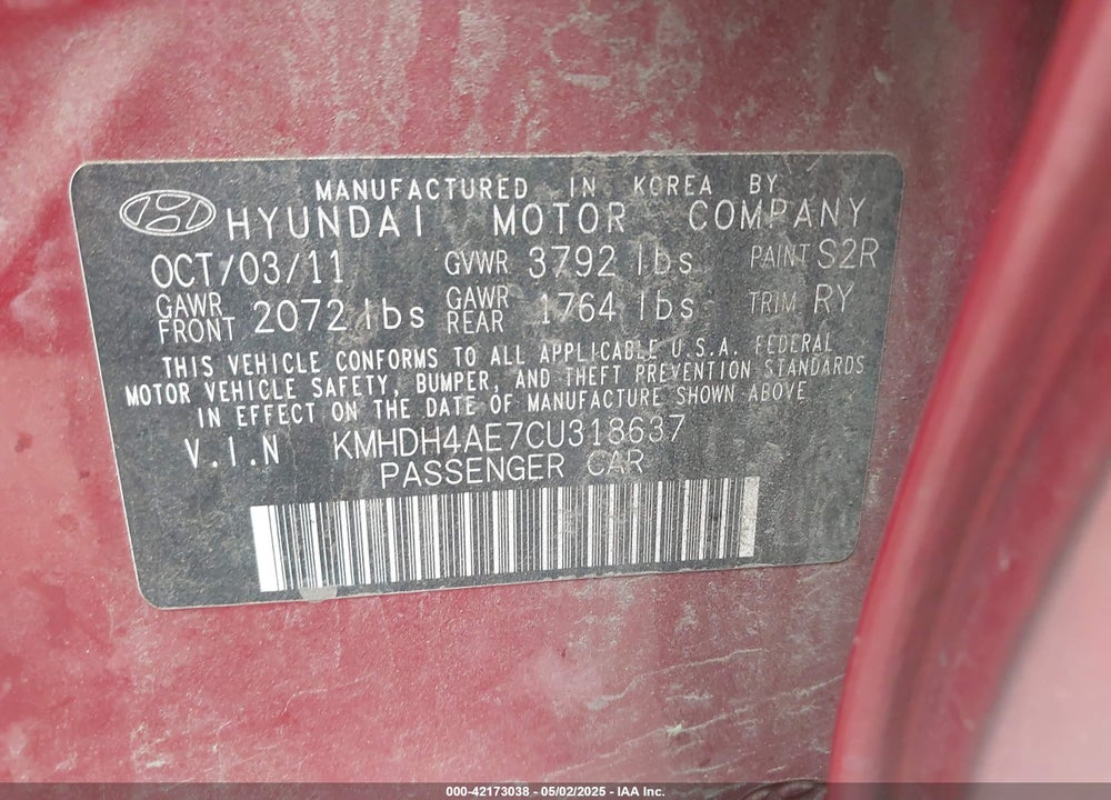 2012 HYUNDAI ELANTRA VIN: KMHDH4AE7CU318637