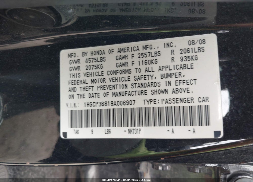 2009 HONDA ACCORD 3.5 EX-L VIN: 1HGCP36819A006907