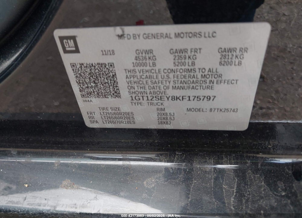 2019 GMC SIERRA 2500HD VIN: 1GT12SEY8KF175797