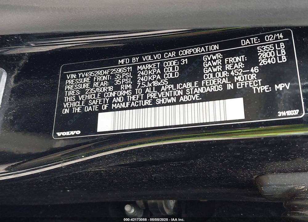2015 VOLVO XC60 3.2 PLATINUM VIN: YV4952RD4F2596511