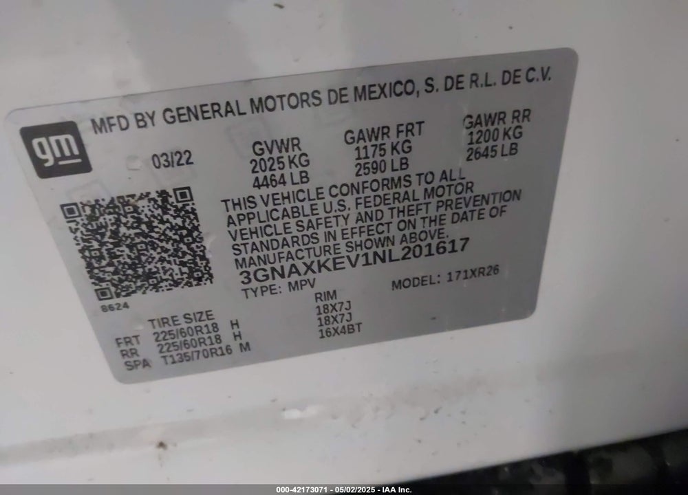 2022 CHEVROLET EQUINOX VIN: 3GNAXKEV1NL201617