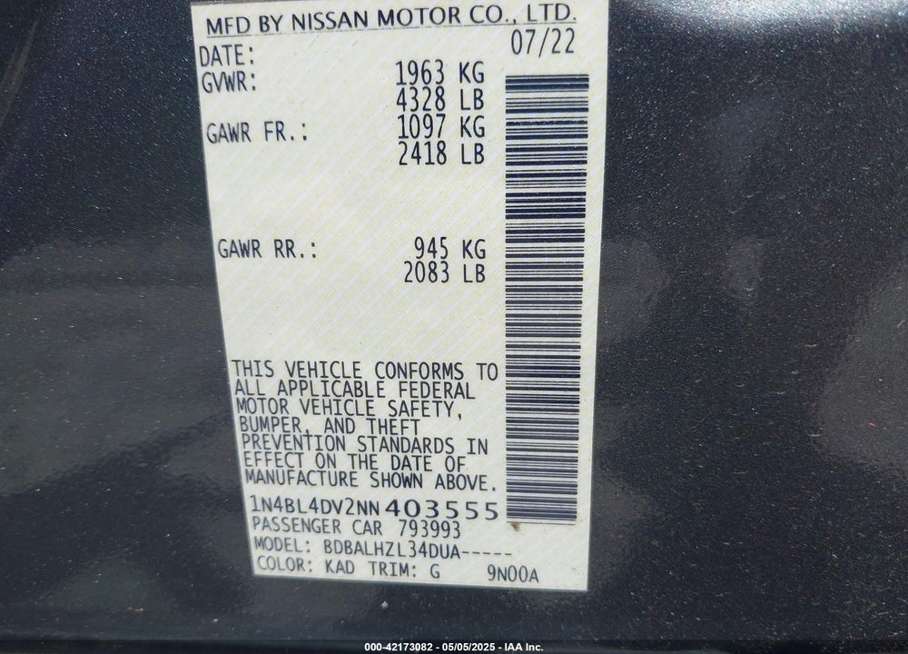 2022 NISSAN ALTIMA VIN: 1N4BL4DV2NN403555
