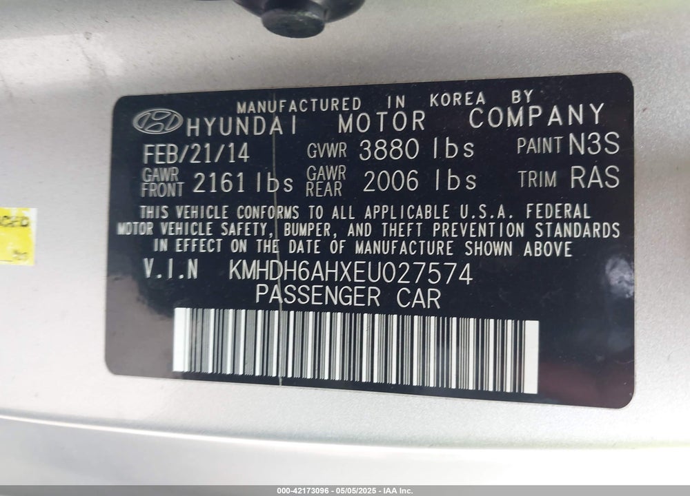 2014 HYUNDAI ELANTRA VIN: KMHDH6AHXEU027574