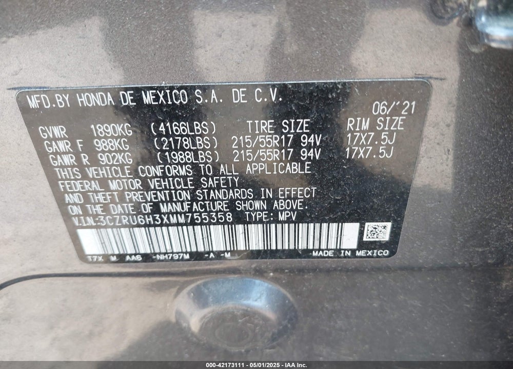 2021 HONDA HR-V VIN: 3CZRU6H3XMM755358