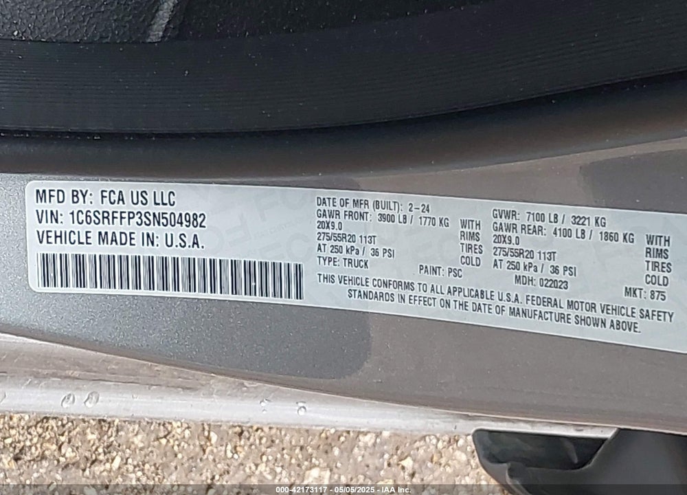 2025 RAM 1500 LONE STAR 4X4 5'7 BOX VIN: 1C6SRFFP3SN504982