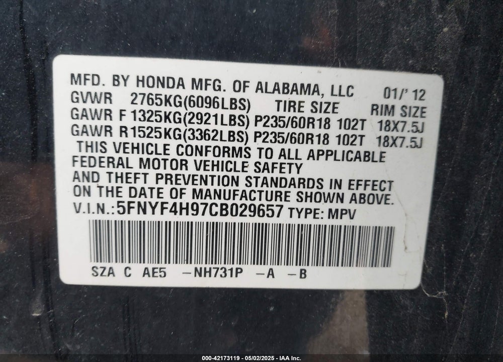 2012 HONDA PILOT TOURING VIN: 5FNYF4H97CB029657