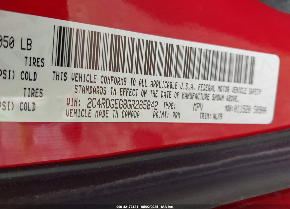 2016 DODGE GRAND CARAVAN VIN: 2C4RDGEG8GR265842