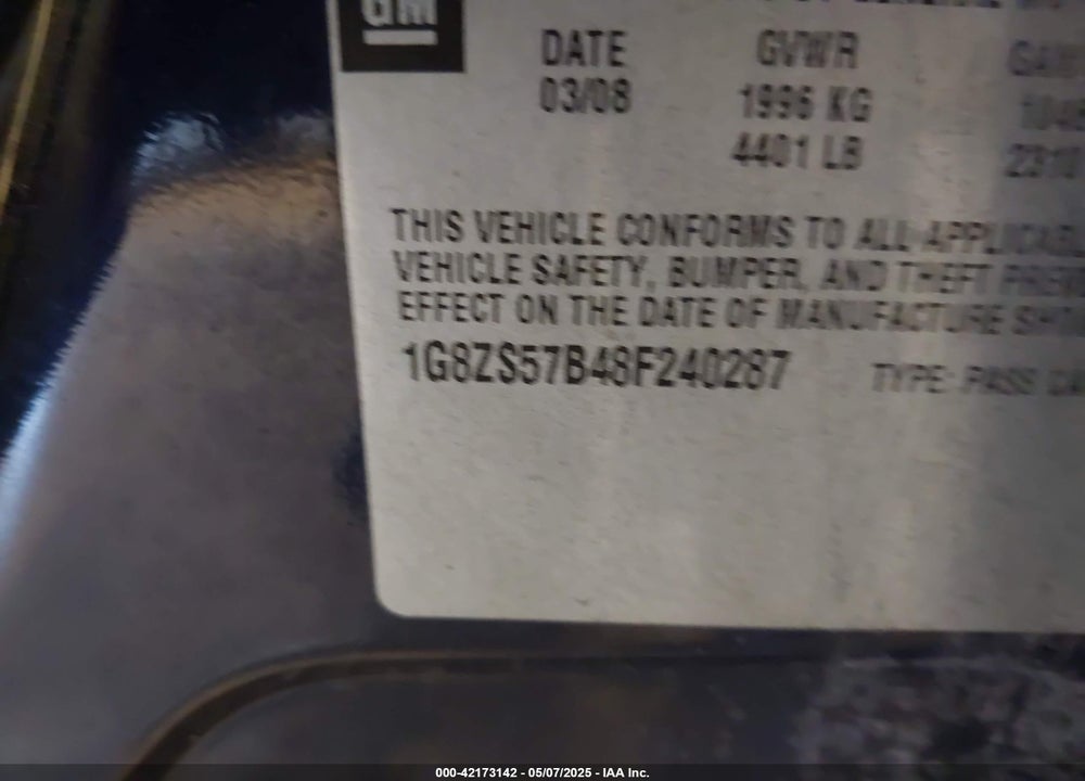 2008 SATURN AURA VIN: 1G8ZS57B48F240287
