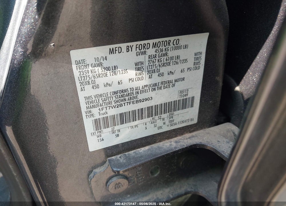 2015 FORD F-250 VIN: 1FT7W2BT7FEB92903