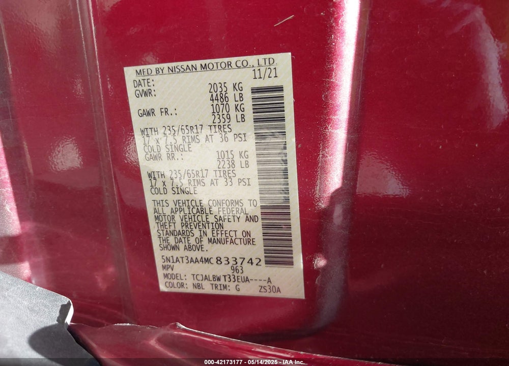2021 NISSAN ROGUE VIN: 5N1AT3AA4MC833742