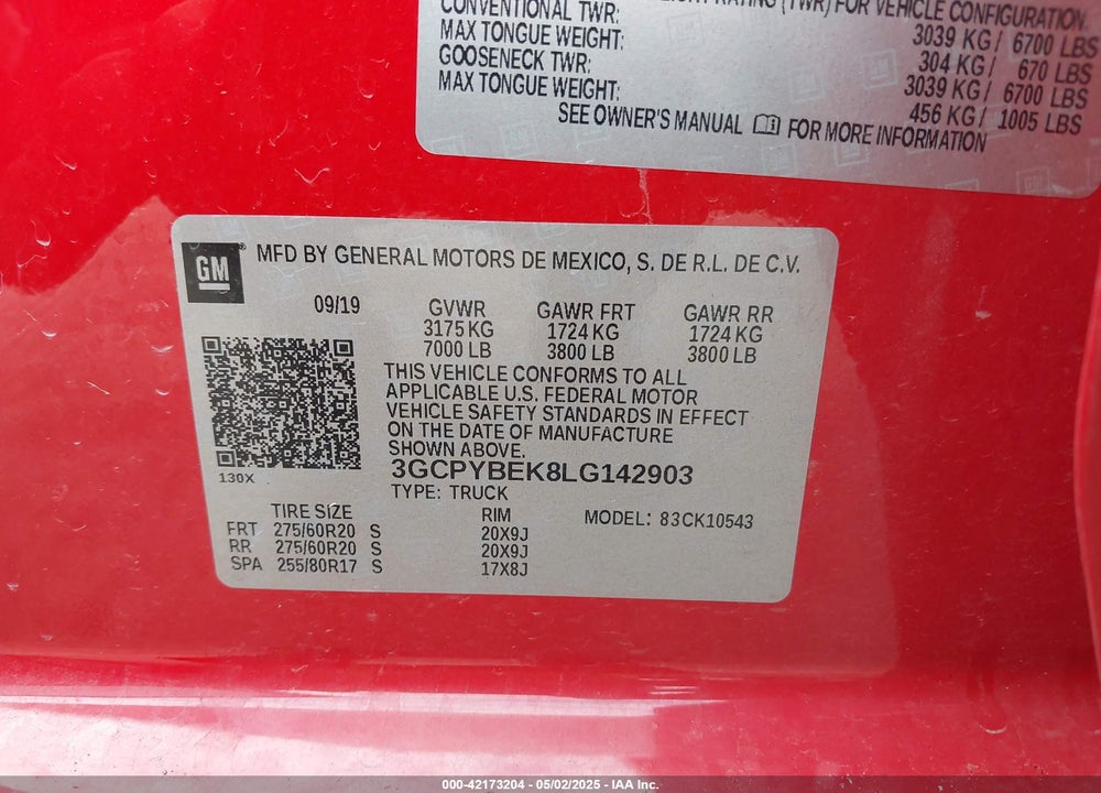 2020 CHEVROLET SILVERADO 1500 VIN: 3GCPYBEK8LG142903