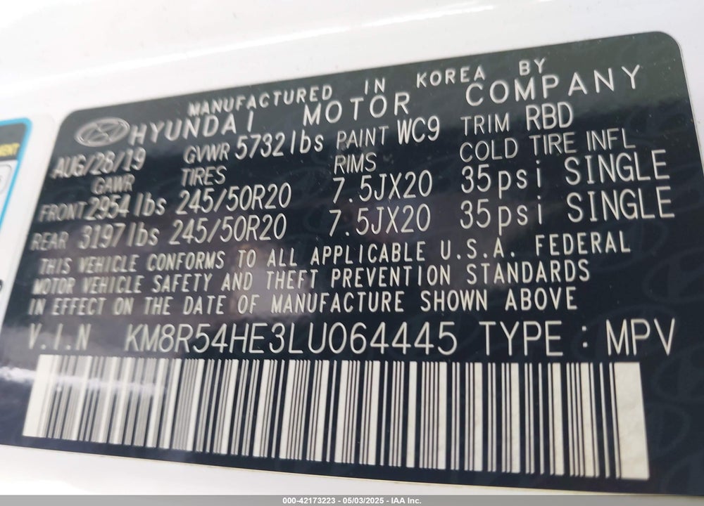 2020 HYUNDAI PALISADE VIN: KM8R54HE3LU064445