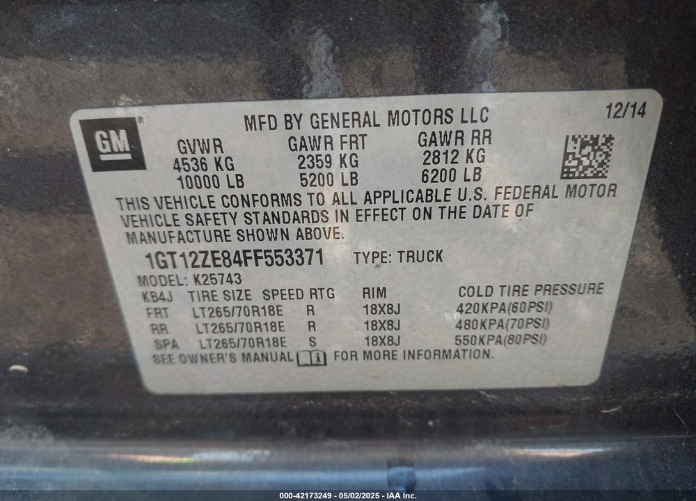 2015 GMC SIERRA VIN: 1GT12ZE84FF553371