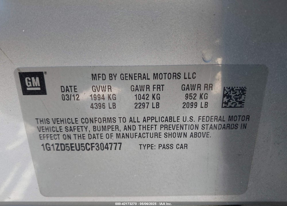 2012 CHEVROLET MALIBU 2LT VIN: 1G1ZD5EU5CF304777
