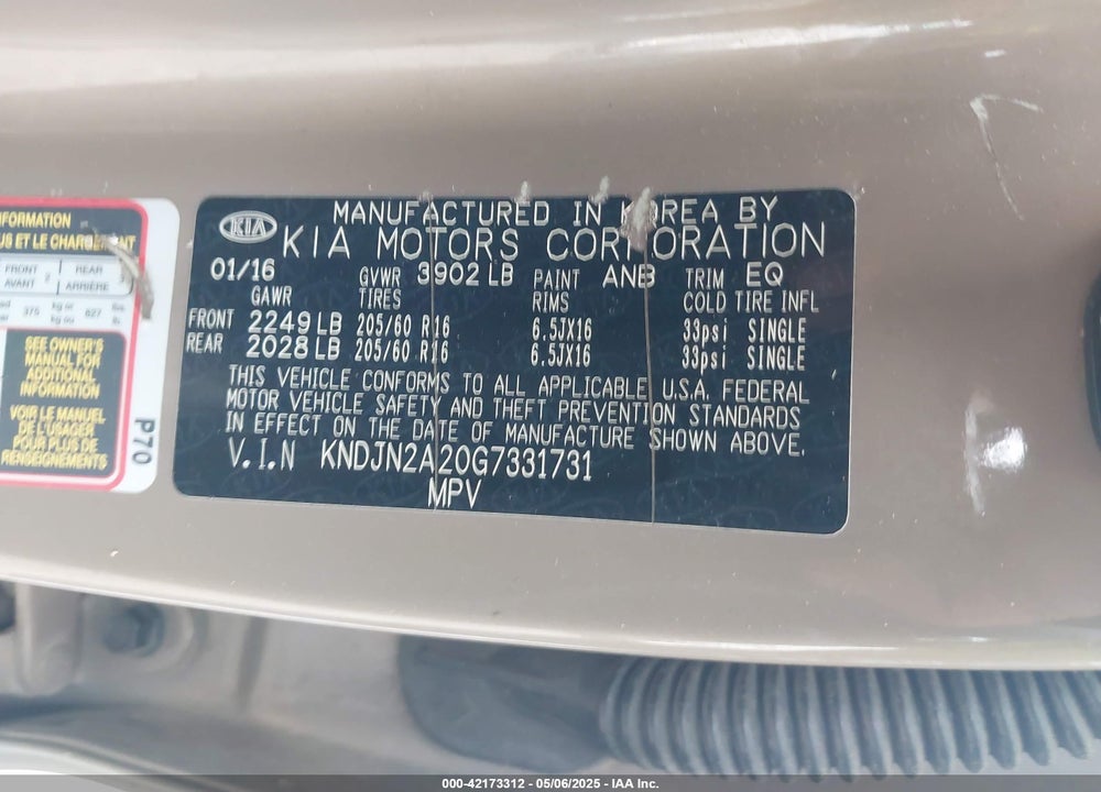 2016 KIA SOUL VIN: KNDJN2A20G7331731