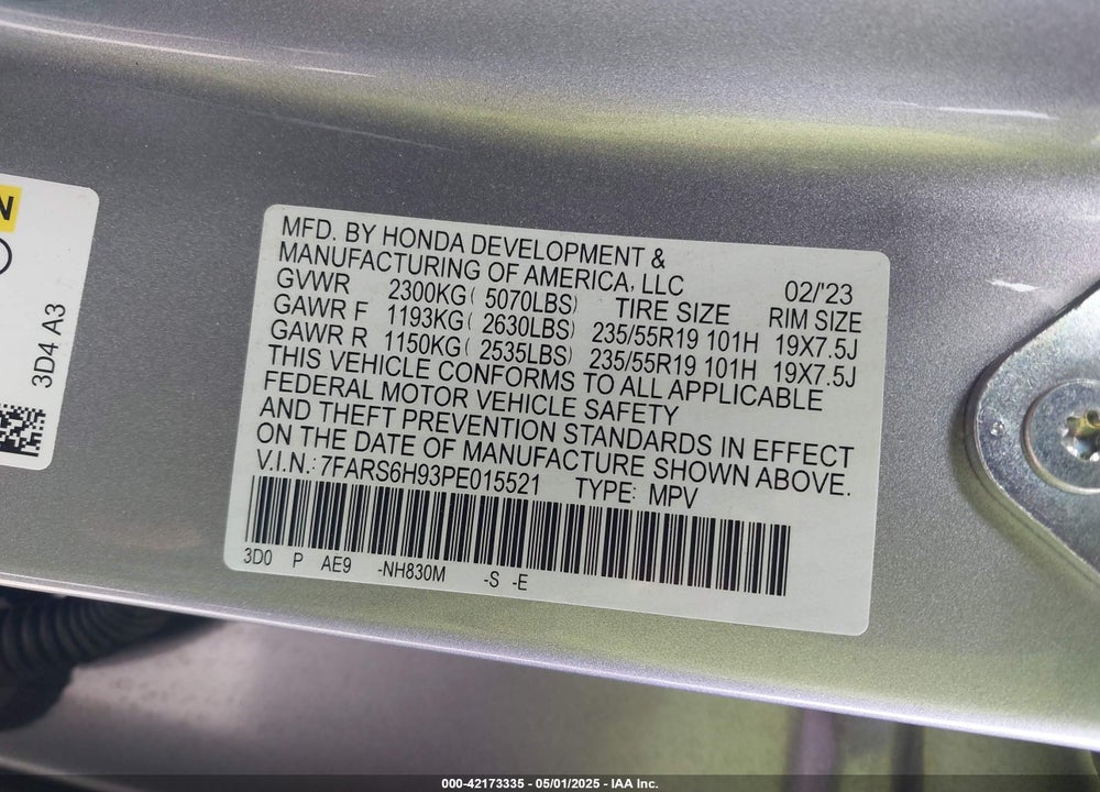 2023 HONDA CR-V VIN: 7FARS6H93PE015521